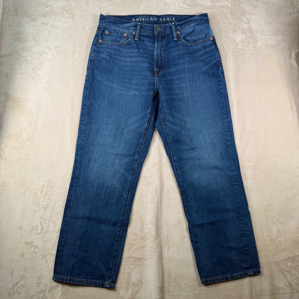 American Eagle Loose Jeans Mens 30x30 Straight Leg Linen Cotton Blend Blue Denim